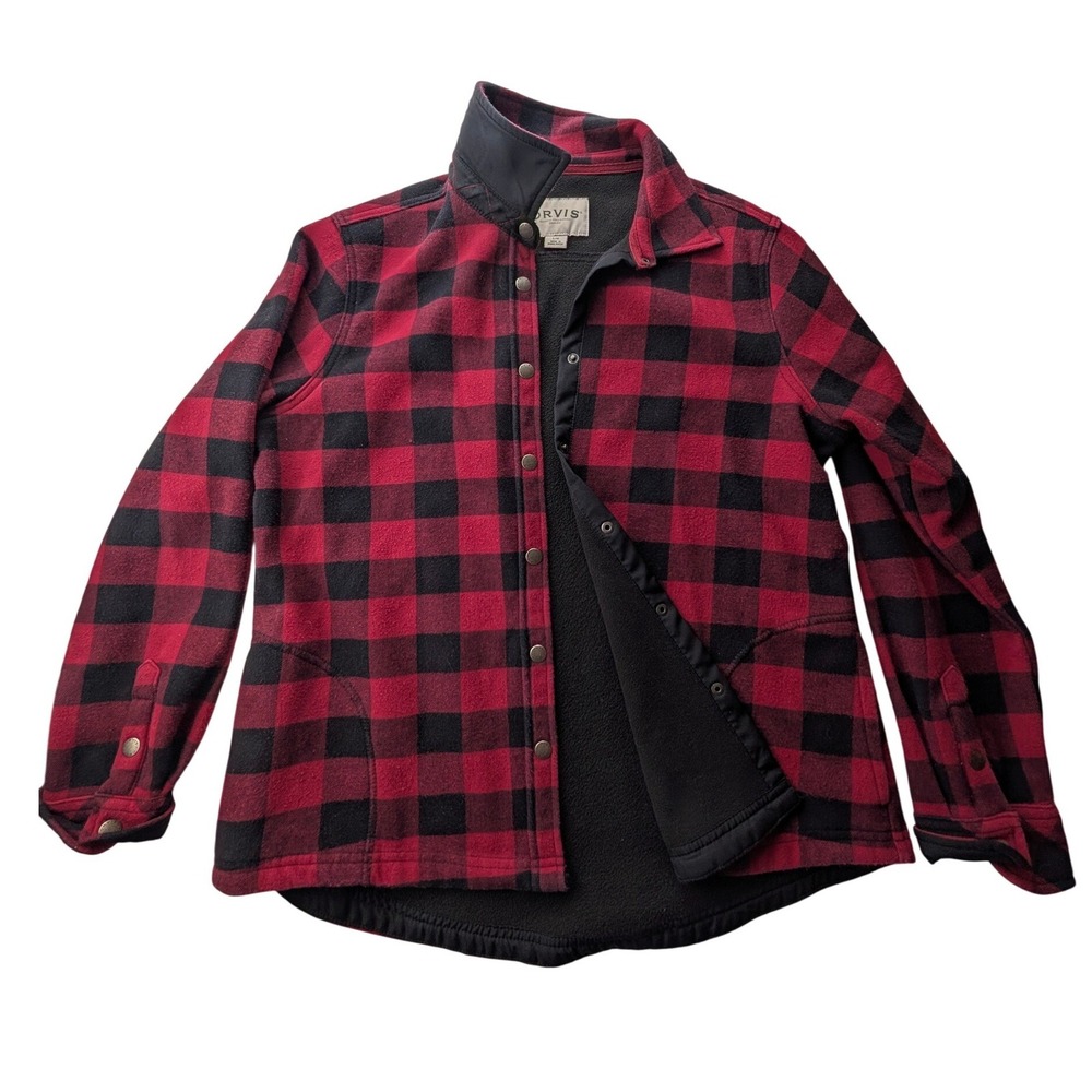 Orvis Red Black Buffalo Plaid Fleece Snap Front Shirt Jacket Womens Large